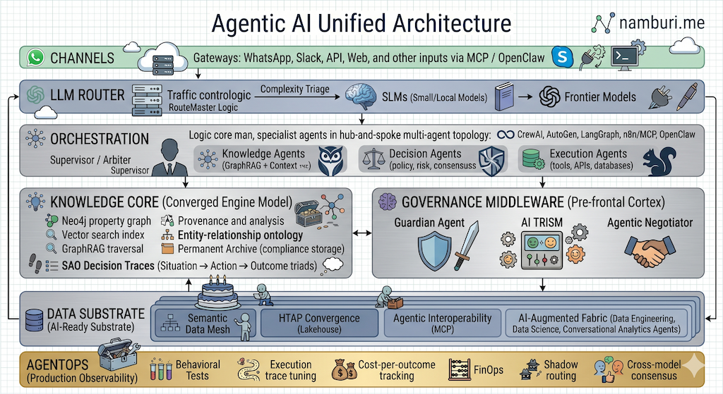 The Unified Agentic Architecture — a six-layer blueprint from channels to AgentOps